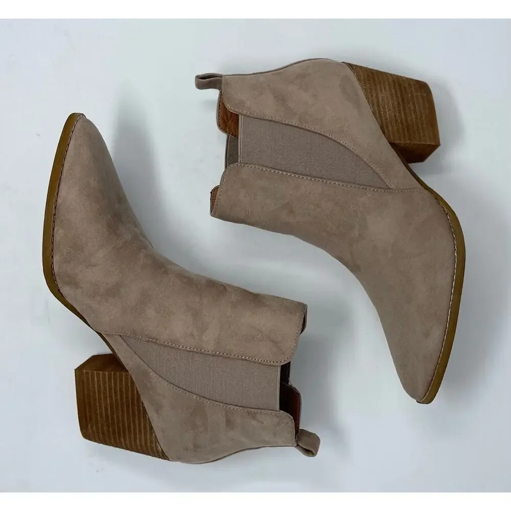 Beast Fashion James II Heeled Taupe Faux‎ Suede Slip On Almond Toe Ankle Boot